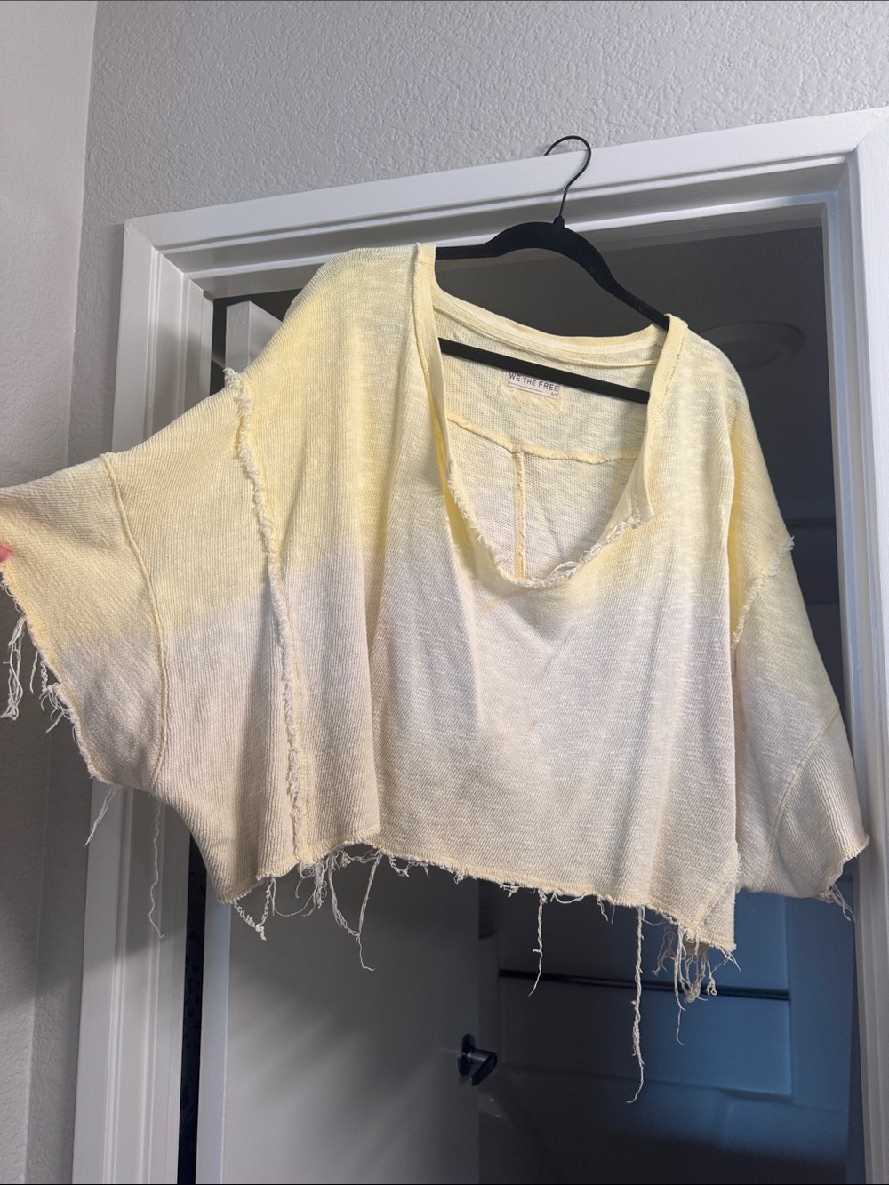 Free People Pale Yellow Cropped Distressed Knit Top